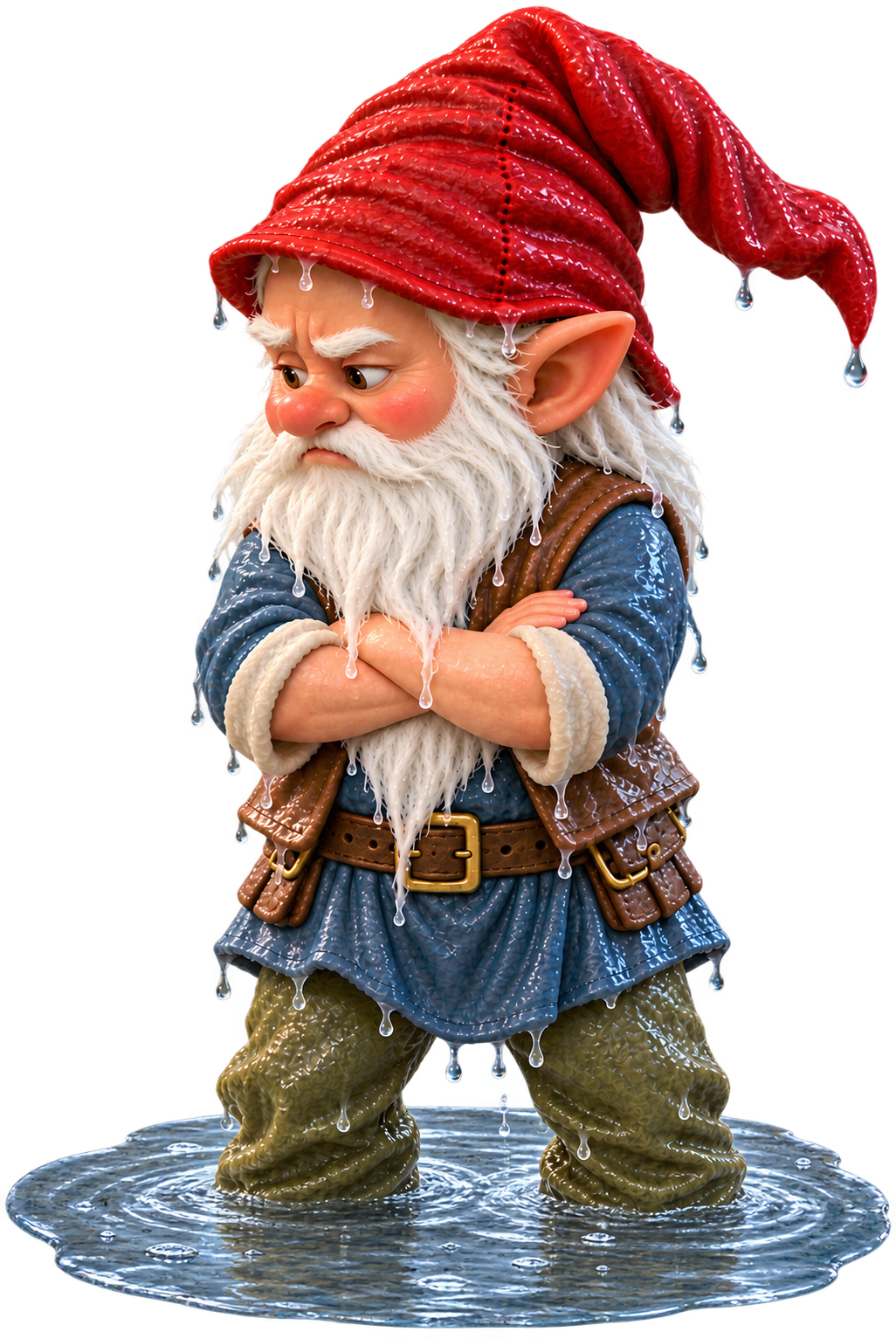 A grumpy standing gnome with folded arms