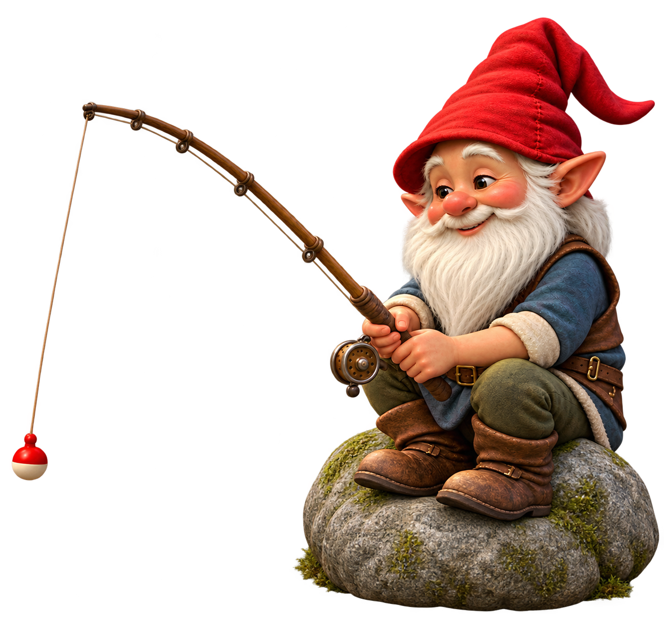 The Brookdom gnome fishing with his rod and bobber
