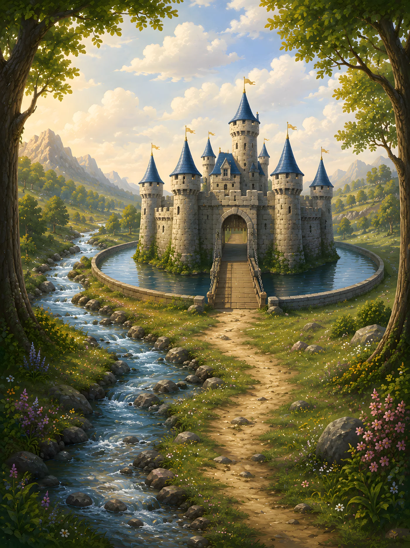 A sunlit castle beside a winding brook, framed by trees