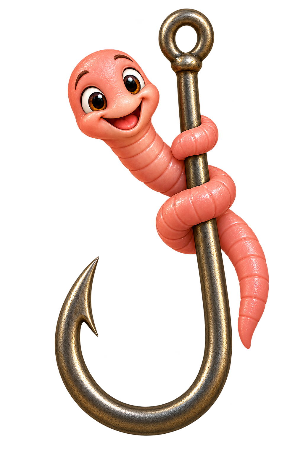 A smiling worm curled safely around the fishing hook